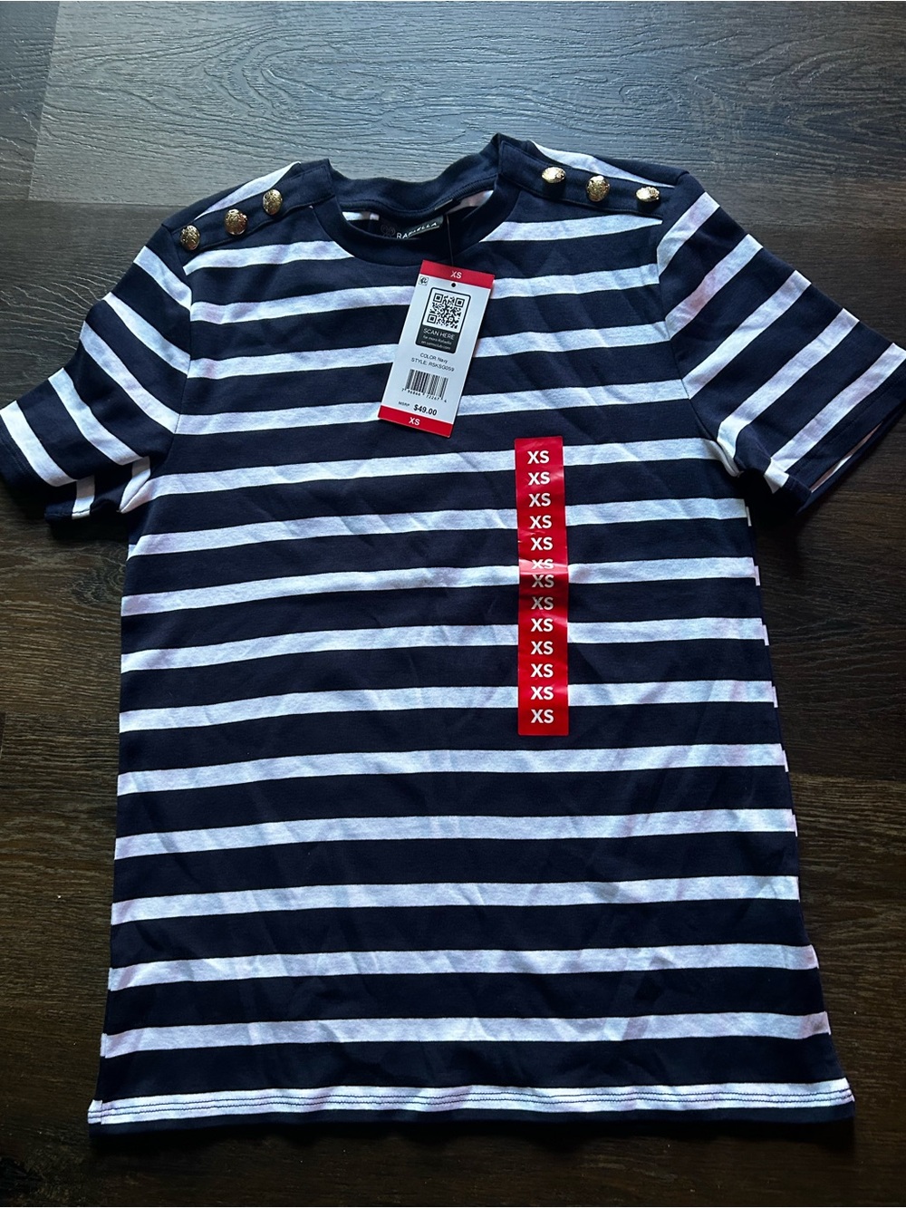 Rafaella Navy and White Striped Short Sleeve Shirt with Gold Buttons